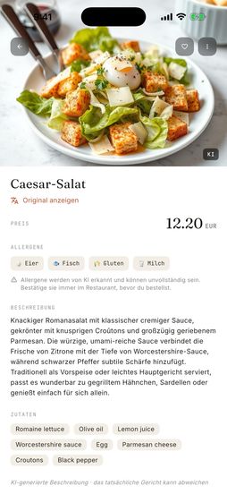 Gerichtkarte in der SaborSpot-App: Übersetzung und Allergene