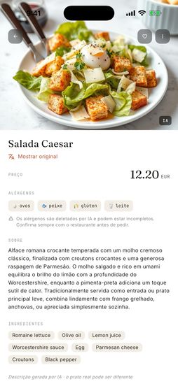 Ficha de prato na app SaborSpot: tradução e alergénios